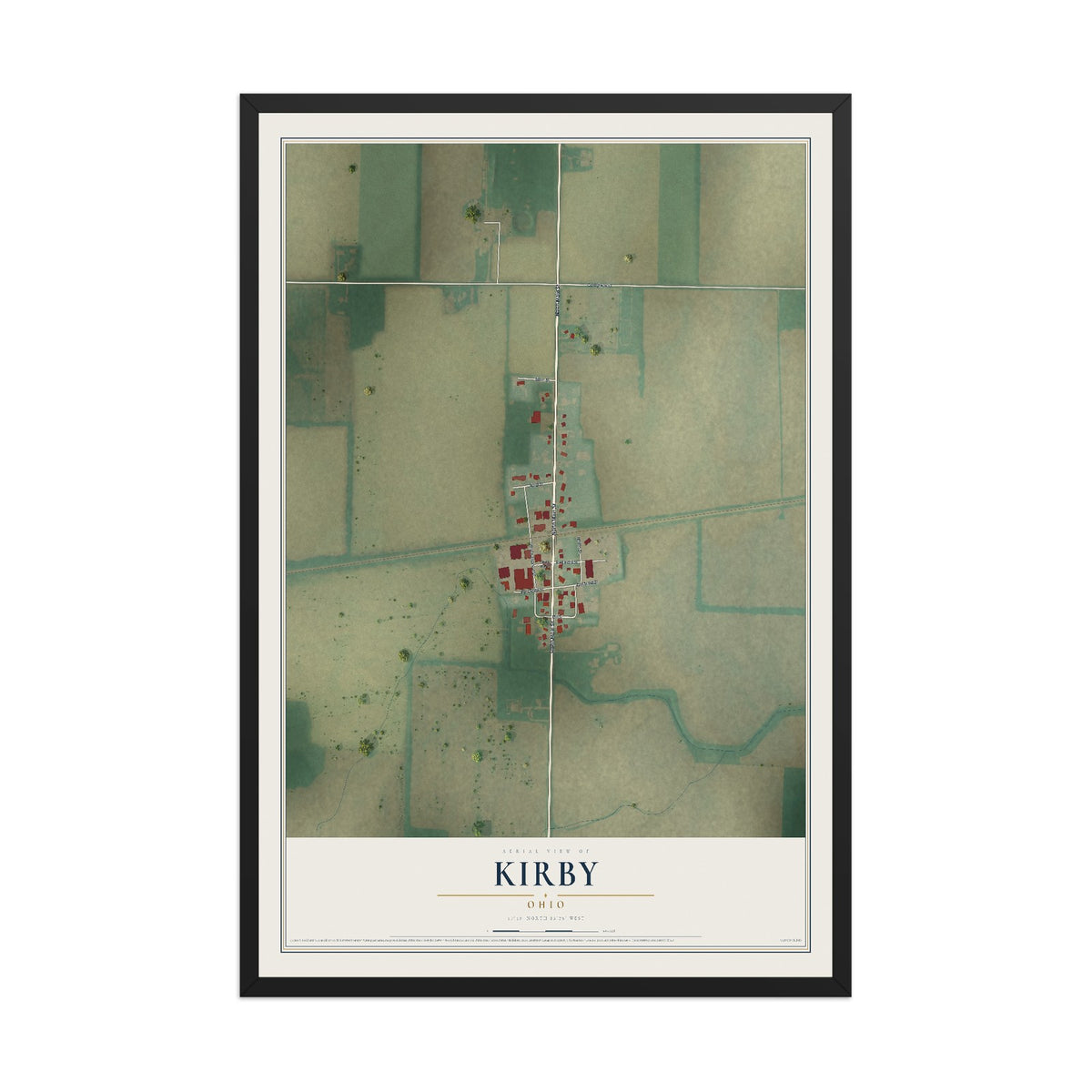 Map of Kirby, Ohio, 12 x 18 inch print in a black wood frame