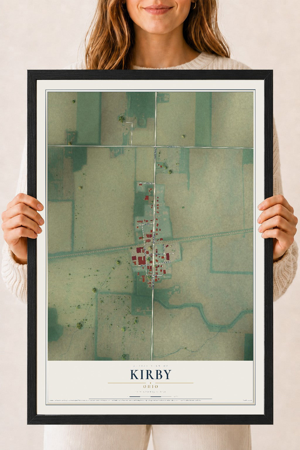 Map of Kirby, Ohio, 18 x 24 inch print in a black wood frame