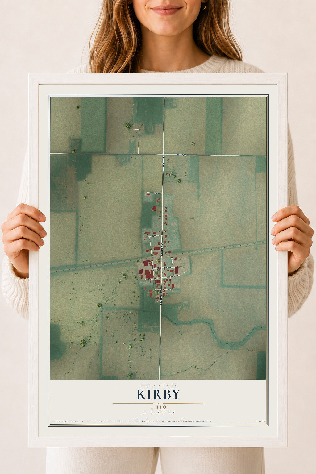 Map of Kirby, Ohio, 18 x 24 inch print in a white wood frame