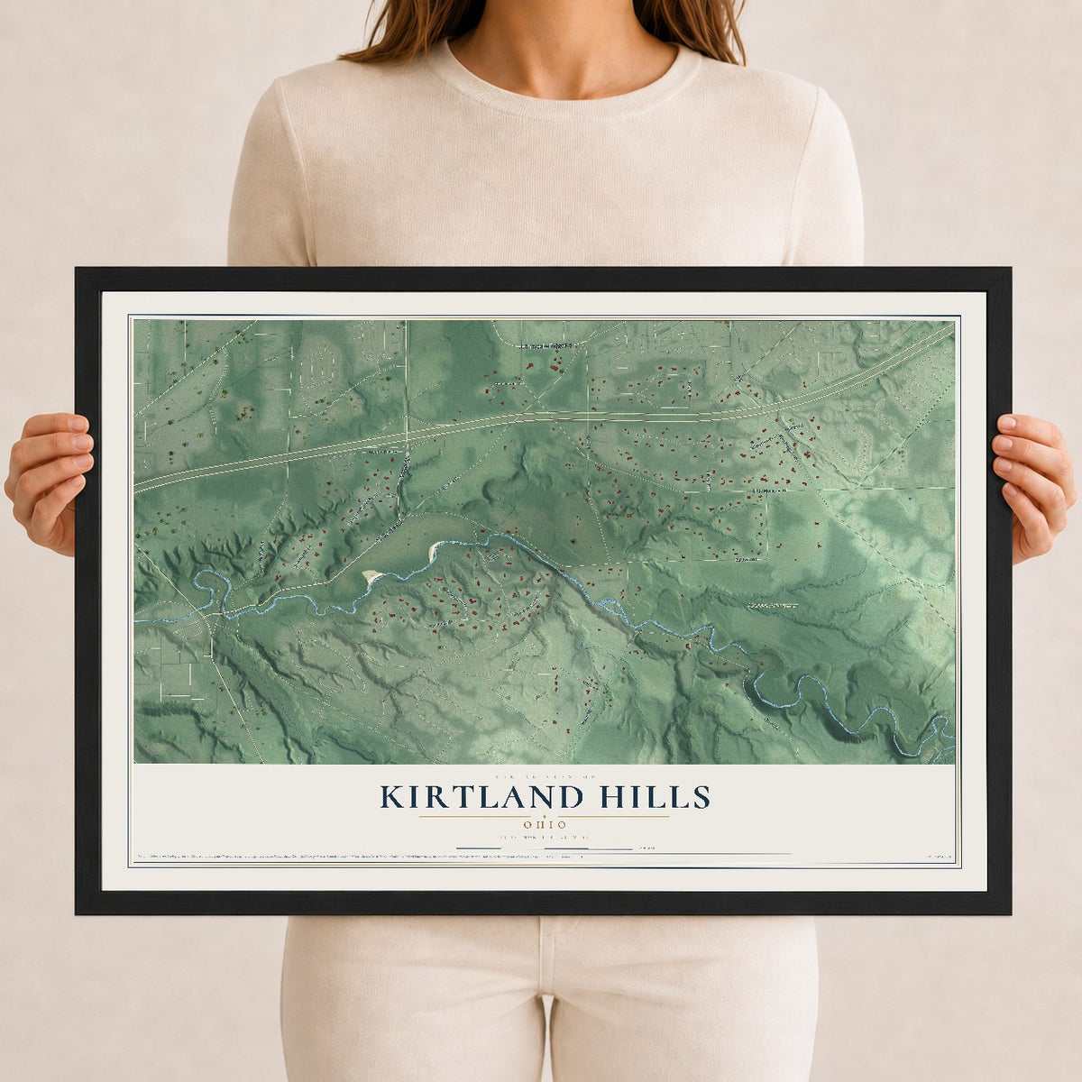Map of Kirtland Hills, Ohio, 12 x 18 inch print in a black wood frame