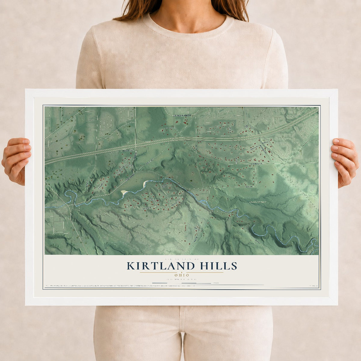 Map of Kirtland Hills, Ohio, 12 x 18 inch print in a white wood frame