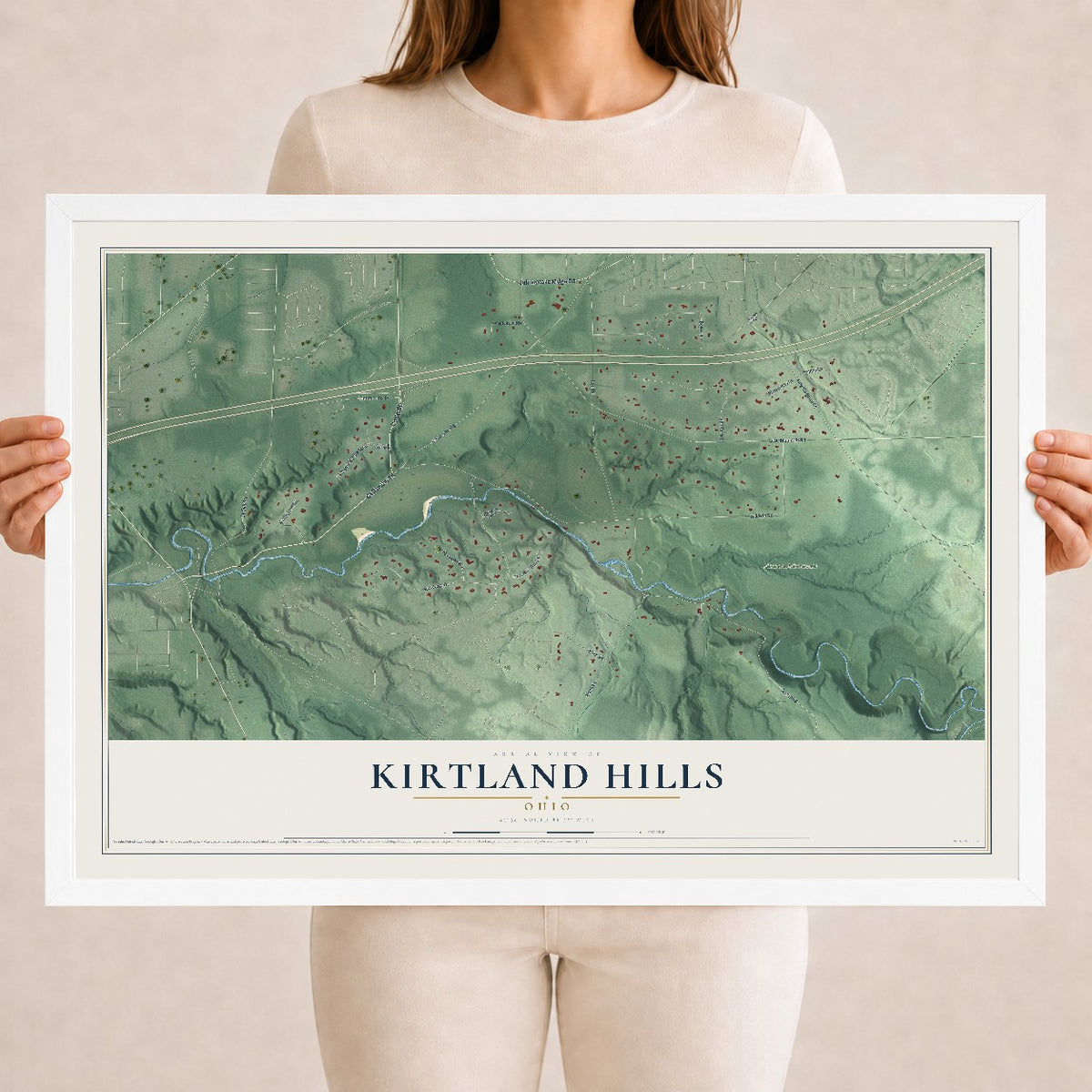 Map of Kirtland Hills, Ohio, 18 x 24 inch print in a white wood frame