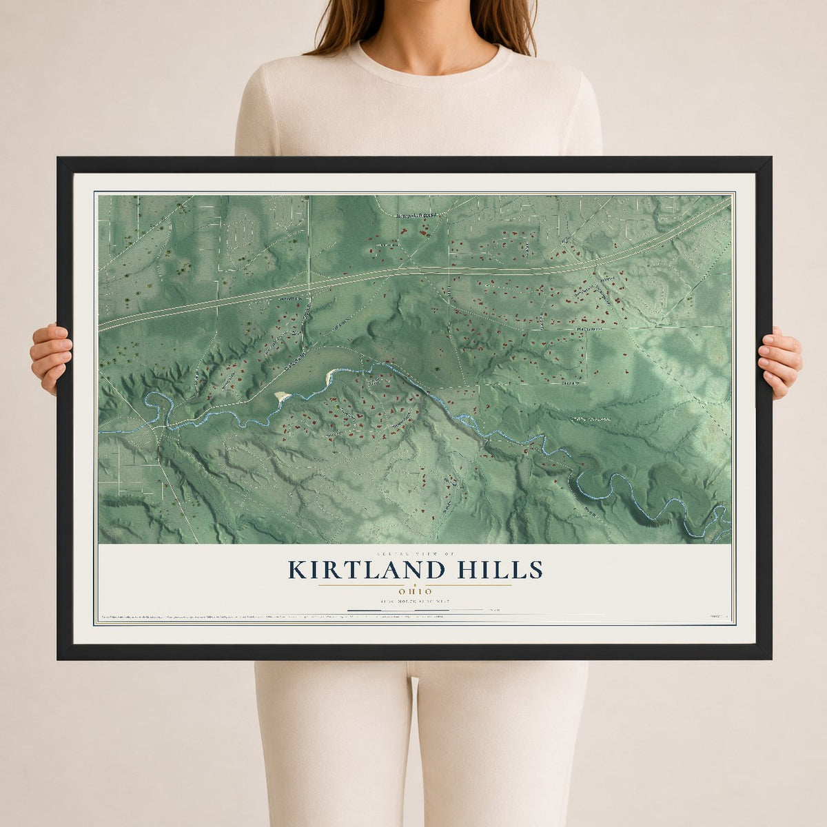 Map of Kirtland Hills, Ohio, 24 x 36 inch print in a black wood frame