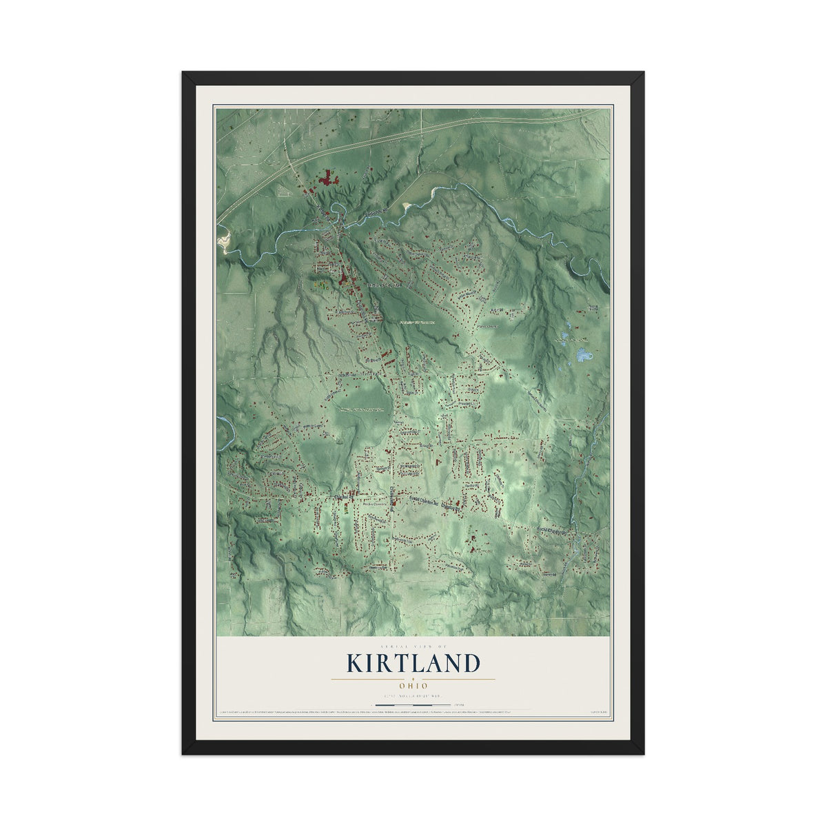 Map of Kirtland, Ohio, 12 x 18 inch print in a black wood frame