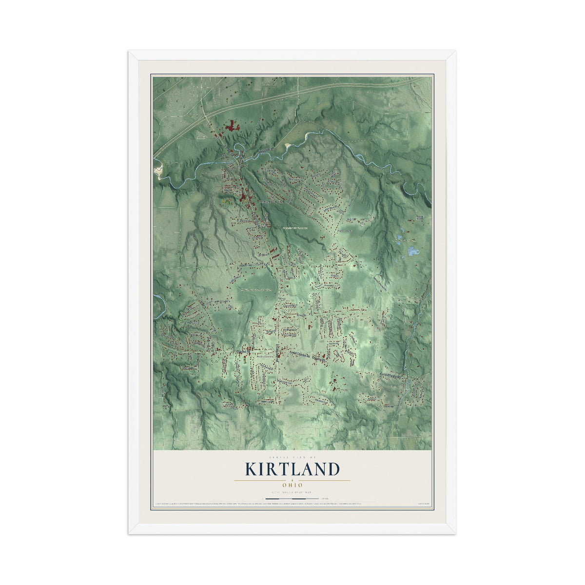 Map of Kirtland, Ohio, 12 x 18 inch print in a white wood frame