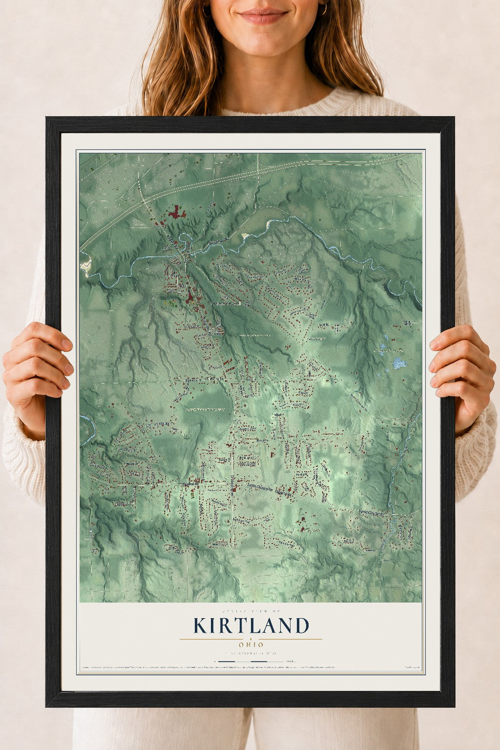 Map of Kirtland, Ohio, 18 x 24 inch print in a black wood frame