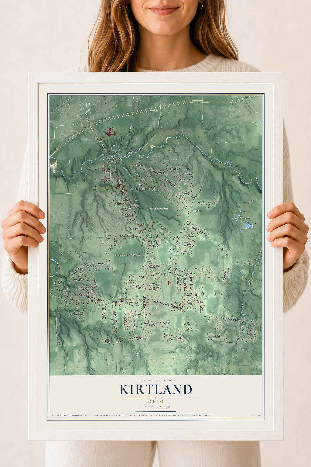 Map of Kirtland, Ohio, 18 x 24 inch print in a white wood frame