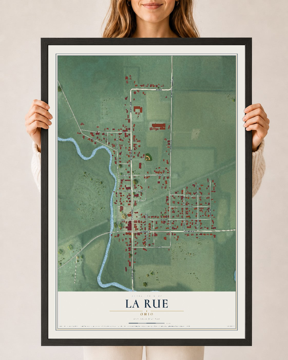 Map of La Rue, Ohio, 24 x 36 inch print in a black wood frame