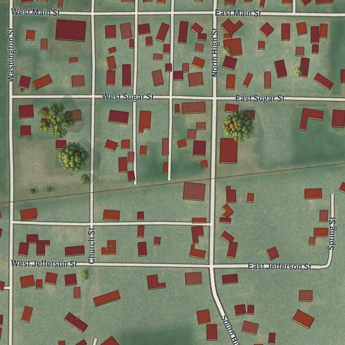 Close-up of the map of Lafayette, Ohio print showing street and building detail