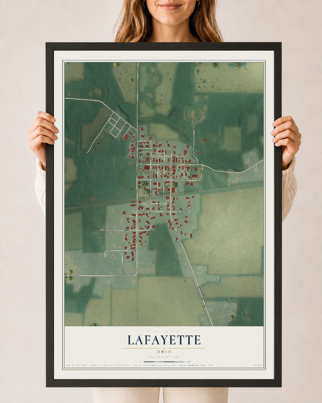 Map of Lafayette, Ohio, 24 x 36 inch print in a black wood frame