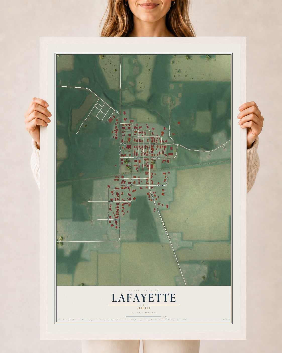 Map of Lafayette, Ohio, 24 x 36 inch print in a white wood frame