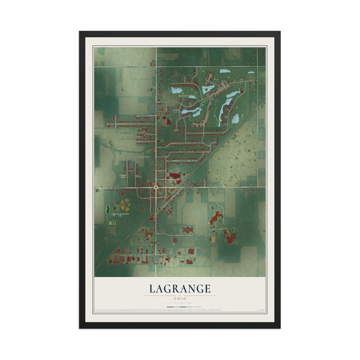 Map of LaGrange, Ohio, 12 x 18 inch print in a black wood frame