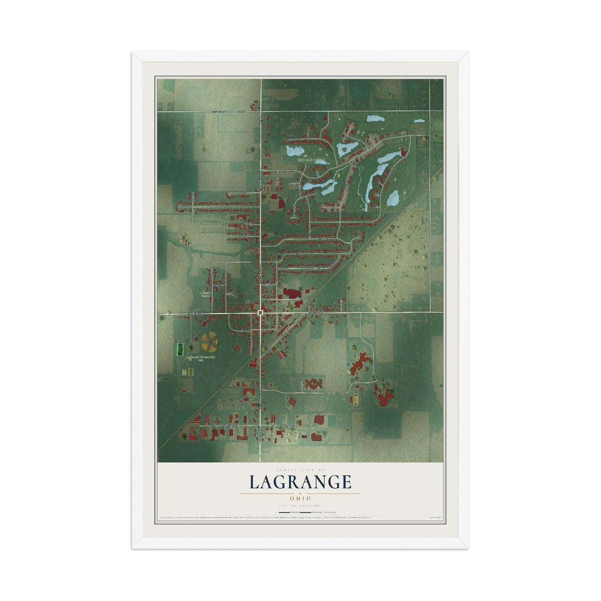 Map of LaGrange, Ohio, 12 x 18 inch print in a white wood frame