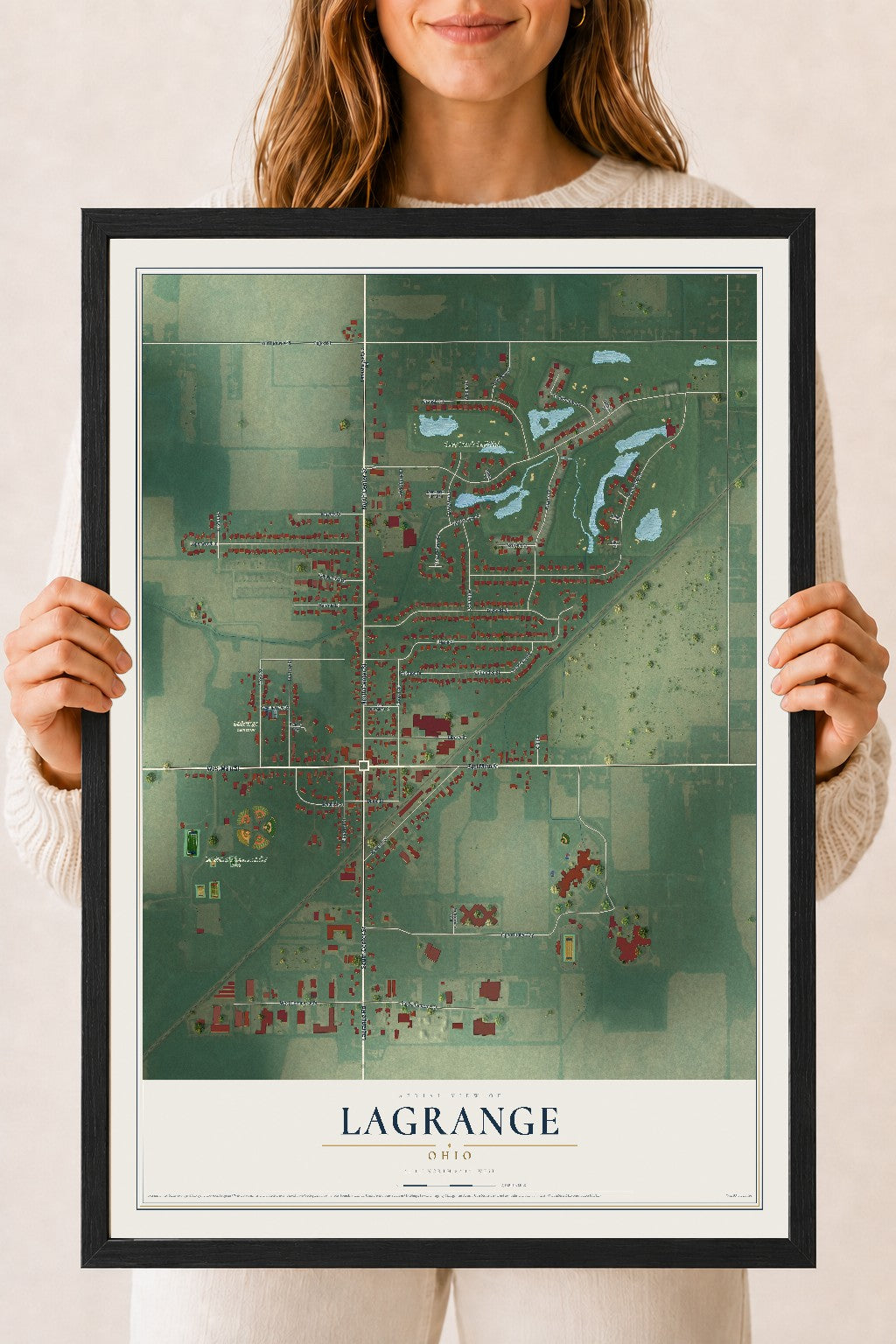 Map of LaGrange, Ohio, 18 x 24 inch print in a black wood frame