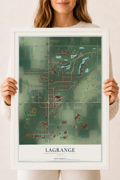 Map of LaGrange, Ohio, 18 x 24 inch print in a white wood frame