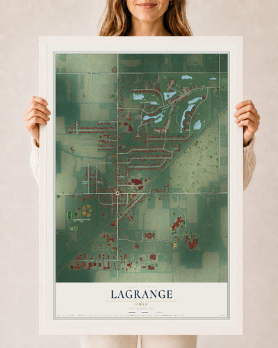 Map of LaGrange, Ohio, 24 x 36 inch print in a white wood frame
