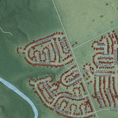 Close-up of the map of Lake Darby, Ohio print showing street and building detail
