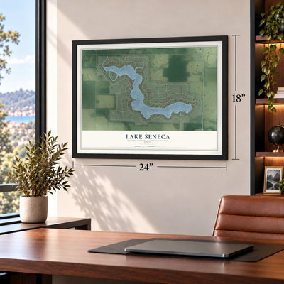 Lake Seneca, Ohio map, 18 x 24 inch print in a black frame in a home office