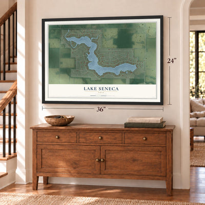Lake Seneca, Ohio map, 24 x 36 inch print in a black frame above a dresser by a staircase