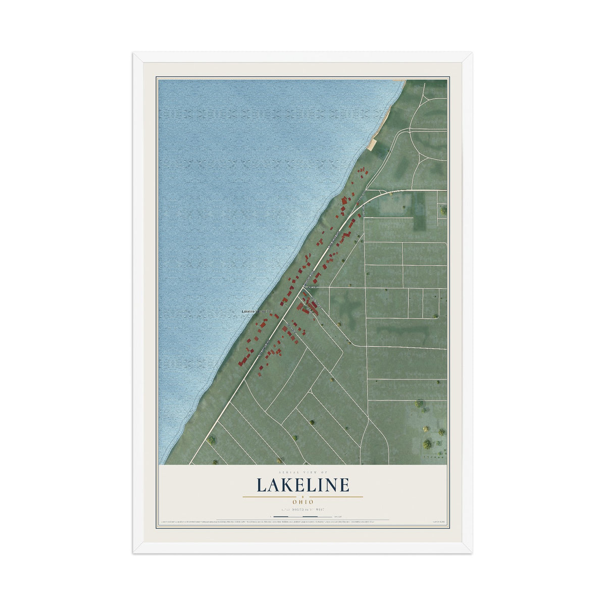 Map of Lakeline, Ohio, 12 x 18 inch print in a white wood frame