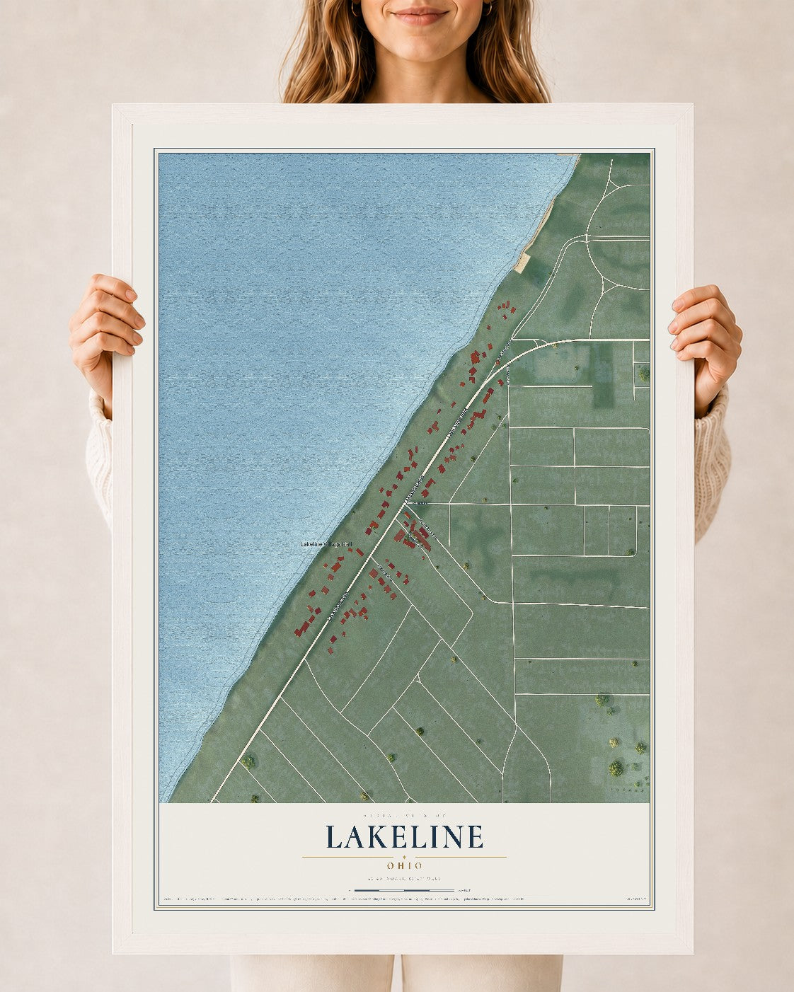 Map of Lakeline, Ohio, 24 x 36 inch print in a white wood frame