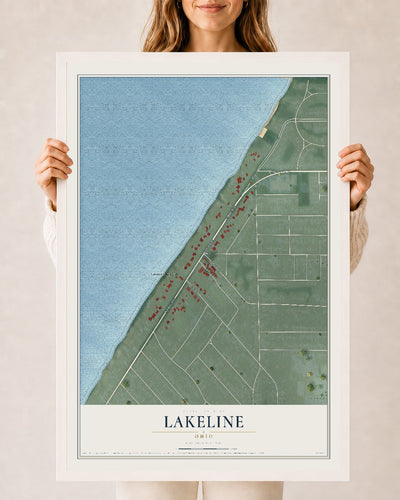 Map of Lakeline, Ohio, 24 x 36 inch print in a white wood frame