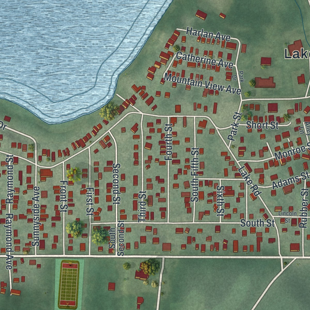 Close-up of the map of Lakemore, Ohio print showing street and building detail