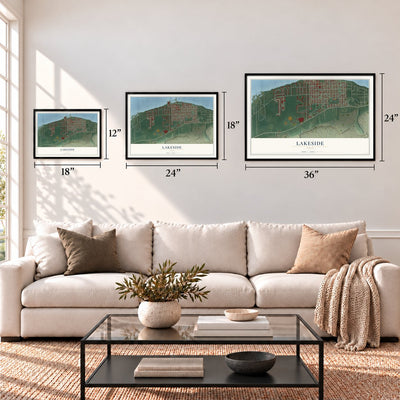 Lakeside, Ohio map in 12 x 18, 18 x 24 and 24 x 36 inch sizes above a sofa