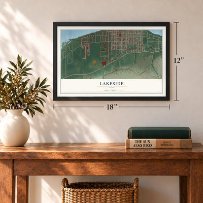 Lakeside, Ohio map, 12 x 18 inch print in a black frame in an entryway