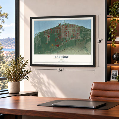 Lakeside, Ohio map, 18 x 24 inch print in a black frame in a home office