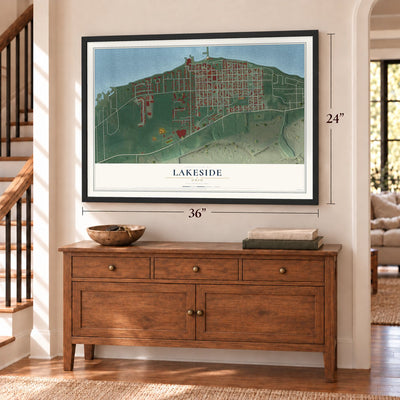 Lakeside, Ohio map, 24 x 36 inch print in a black frame above a dresser by a staircase