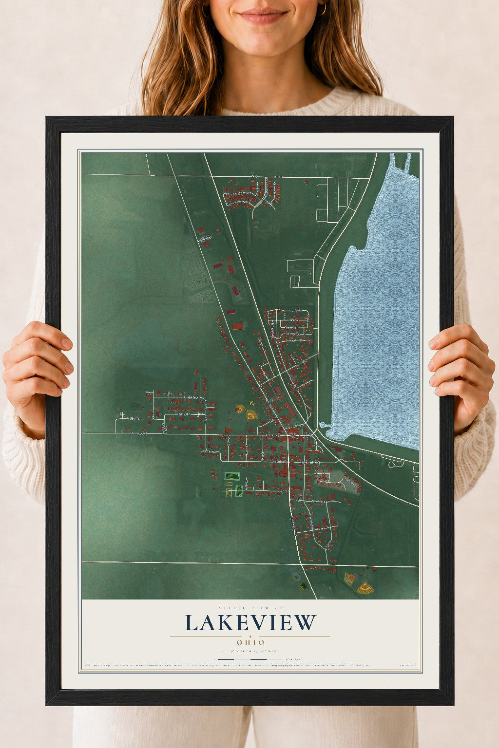 Map of Lakeview, Ohio, 18 x 24 inch print in a black wood frame