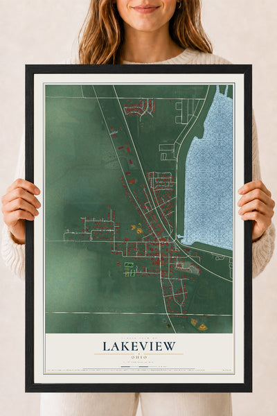 Map of Lakeview, Ohio, 18 x 24 inch print in a black wood frame