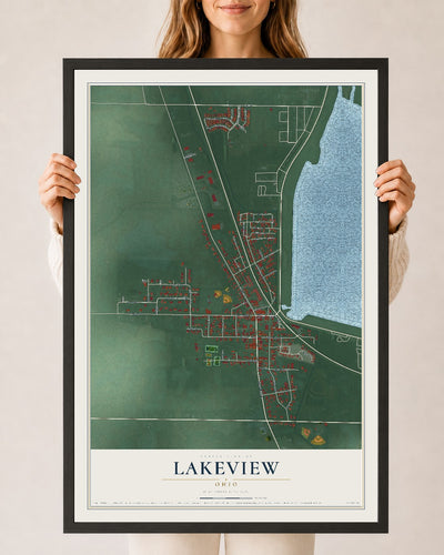Map of Lakeview, Ohio, 24 x 36 inch print in a black wood frame