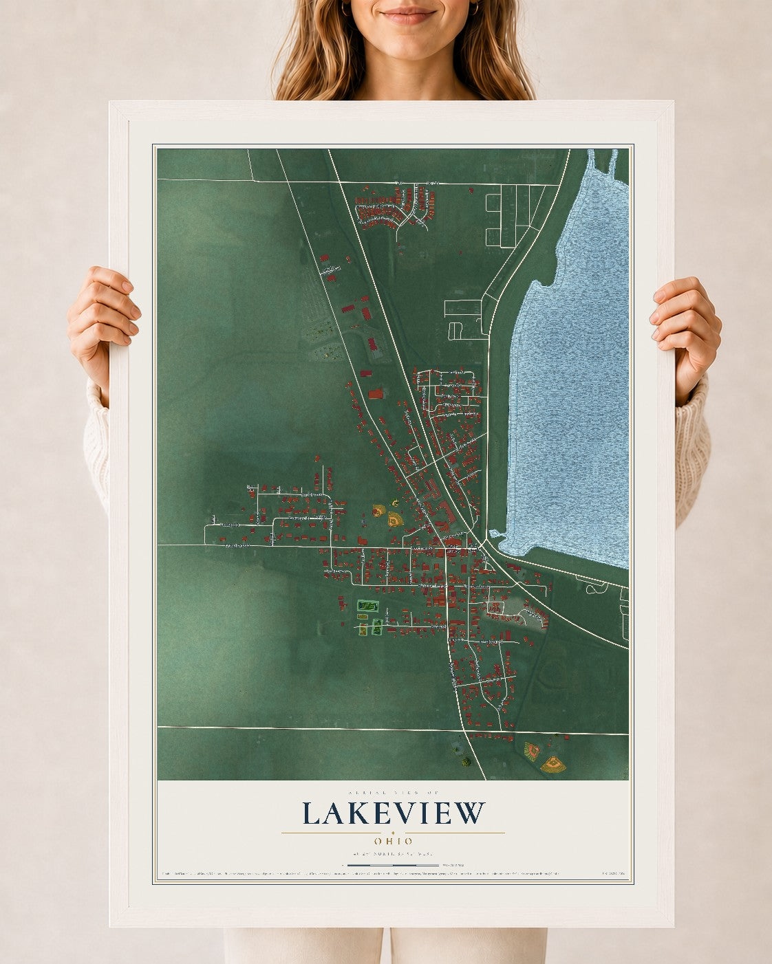 Map of Lakeview, Ohio, 24 x 36 inch print in a white wood frame