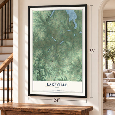 Lakeville, Ohio map, 24 x 36 inch print in a black frame by a staircase