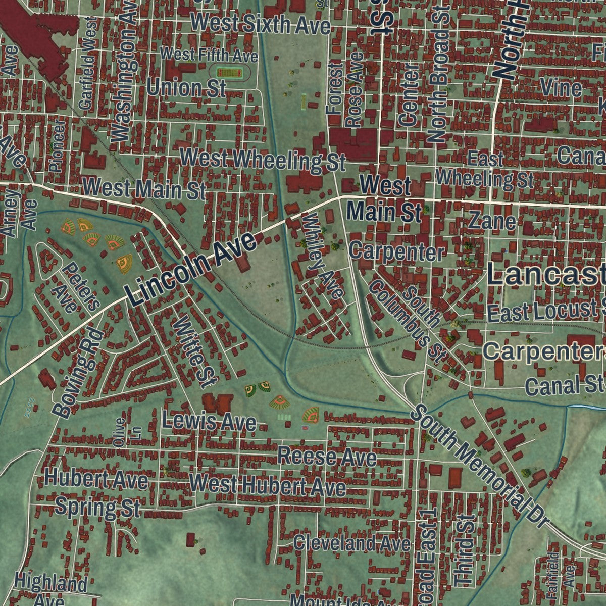 Close-up of the map of Lancaster, Ohio print showing street and building detail