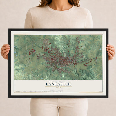 Map of Lancaster, Ohio, 12 x 18 inch print in a black wood frame