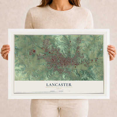 Map of Lancaster, Ohio, 12 x 18 inch print in a white wood frame