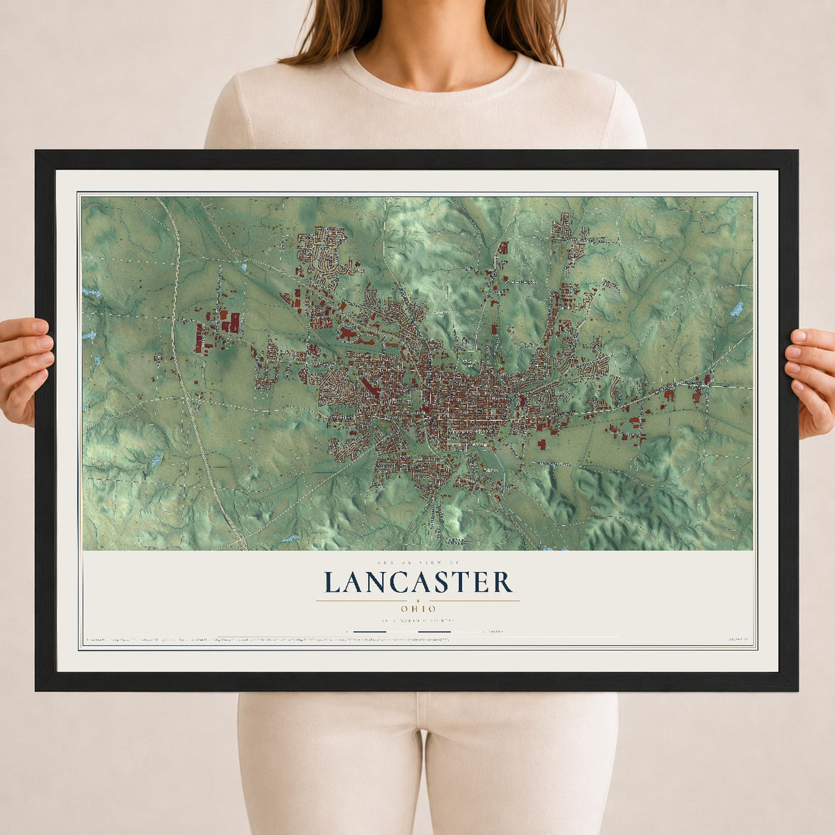 Map of Lancaster, Ohio, 18 x 24 inch print in a black wood frame