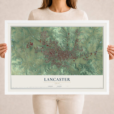 Map of Lancaster, Ohio, 18 x 24 inch print in a white wood frame