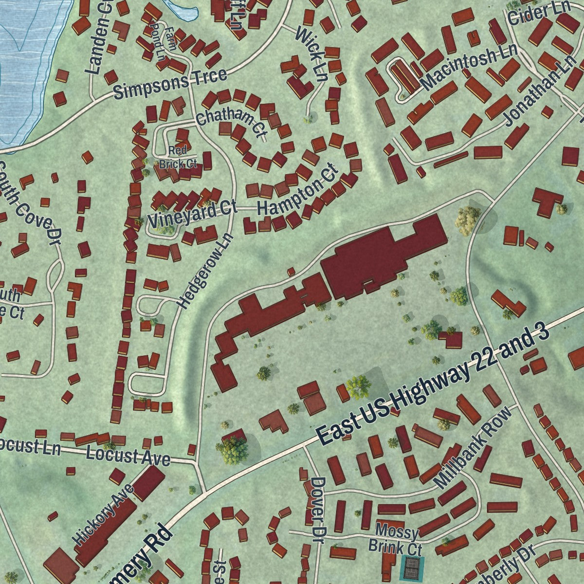 Close-up of the map of Landen, Ohio print showing street and building detail