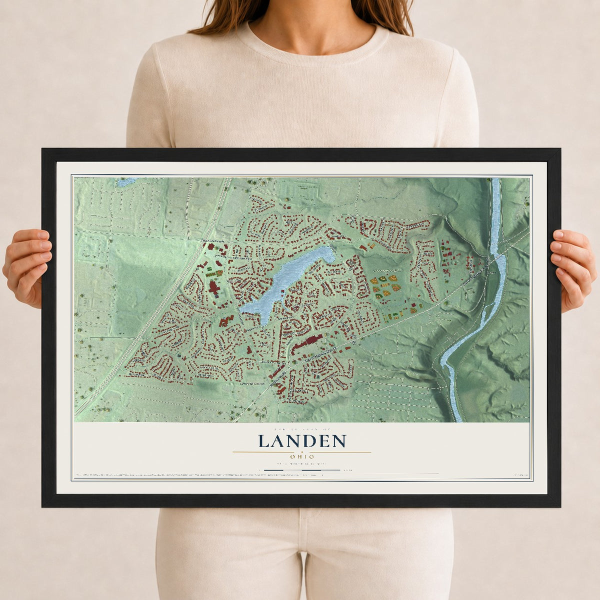 Map of Landen, Ohio, 12 x 18 inch print in a black wood frame