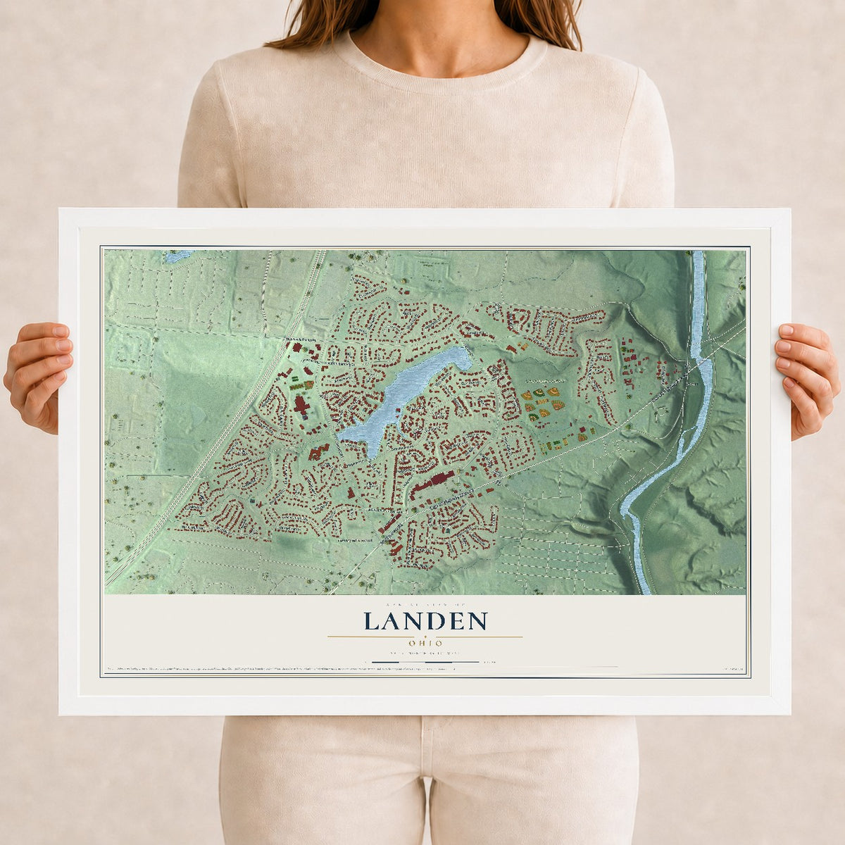 Map of Landen, Ohio, 12 x 18 inch print in a white wood frame