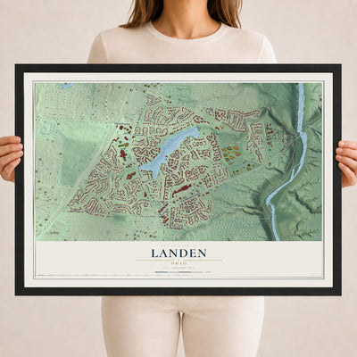 Map of Landen, Ohio, 18 x 24 inch print in a black wood frame