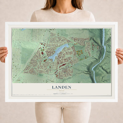 Map of Landen, Ohio, 18 x 24 inch print in a white wood frame