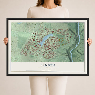 Map of Landen, Ohio, 24 x 36 inch print in a black wood frame