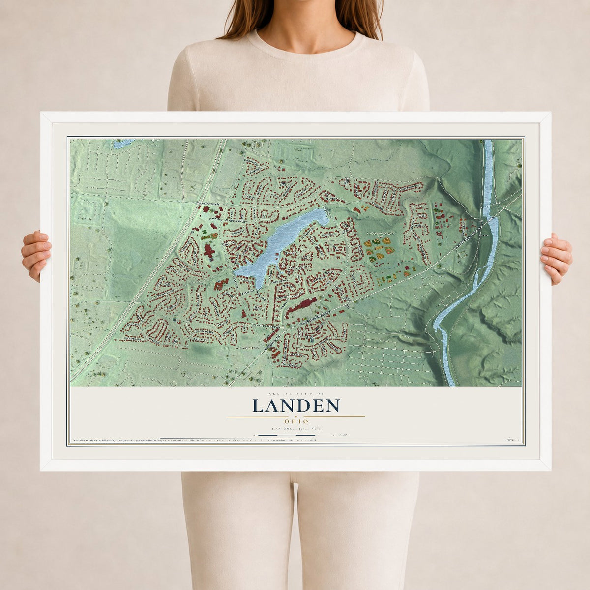 Map of Landen, Ohio, 24 x 36 inch print in a white wood frame