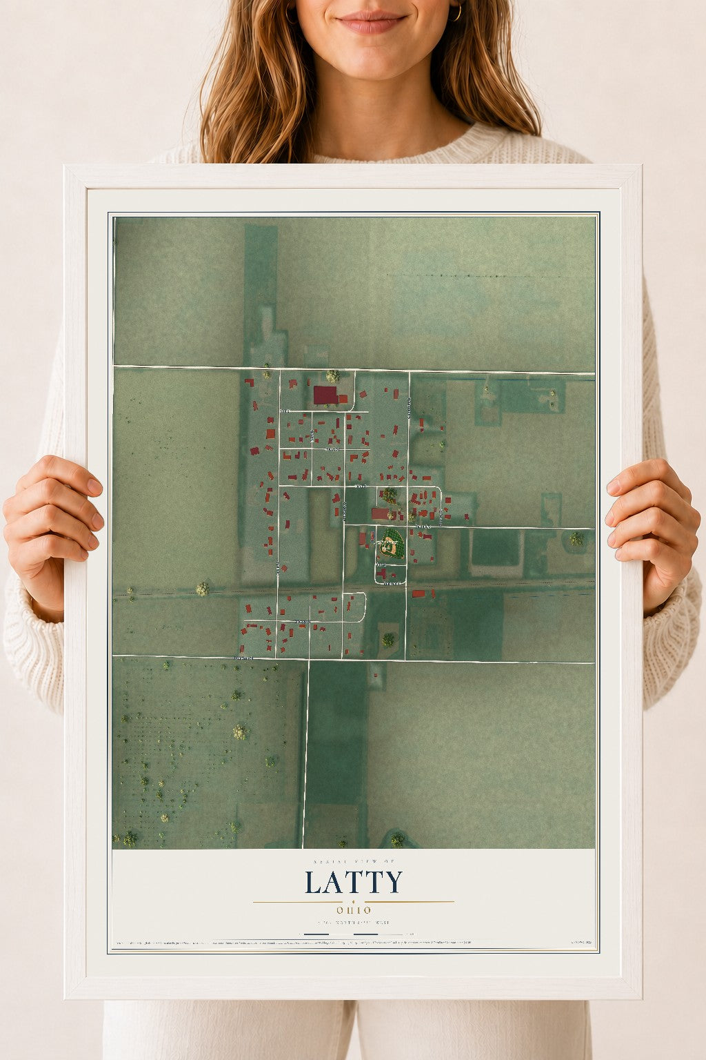 Map of Latty, Ohio, 18 x 24 inch print in a white wood frame