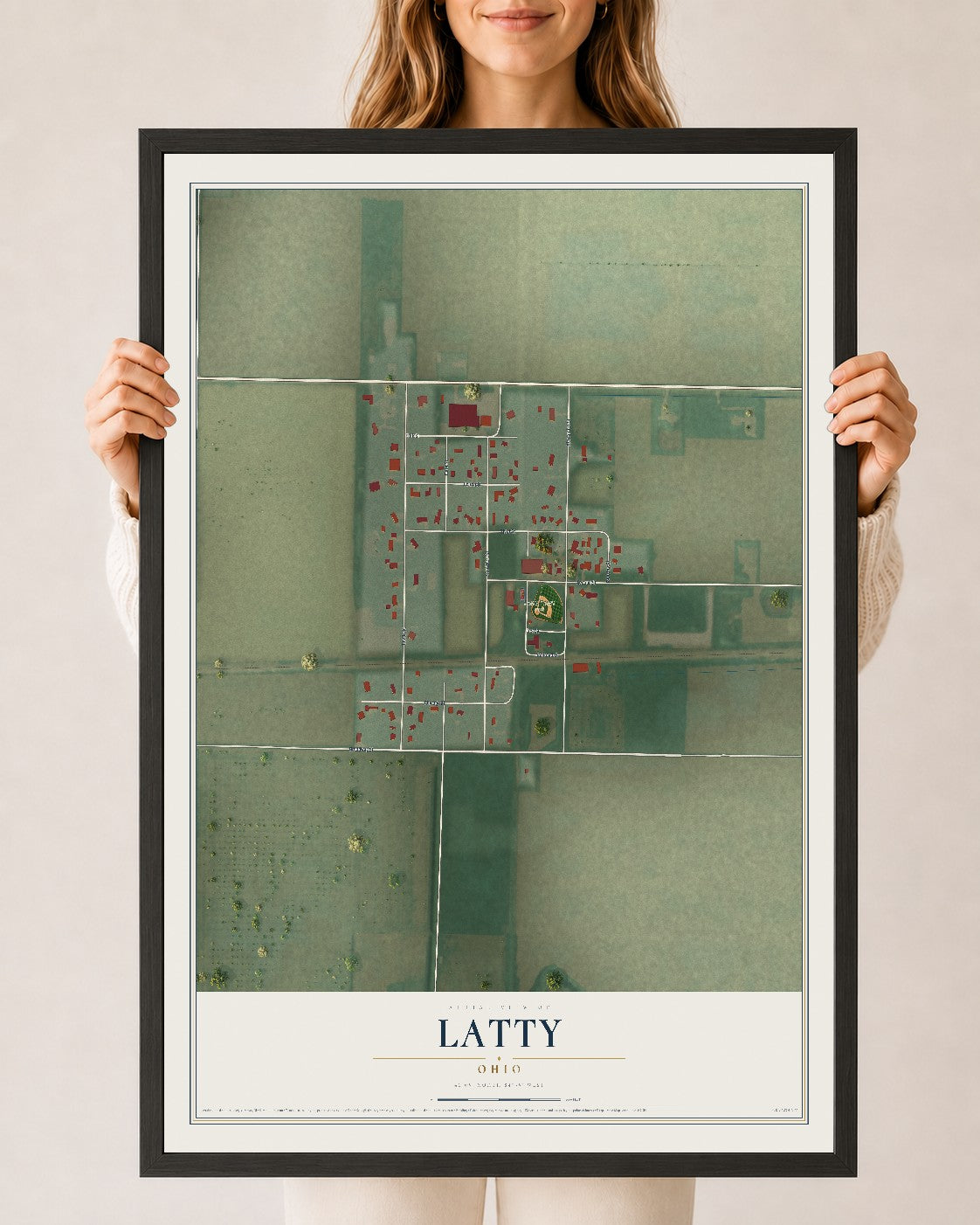 Map of Latty, Ohio, 24 x 36 inch print in a black wood frame